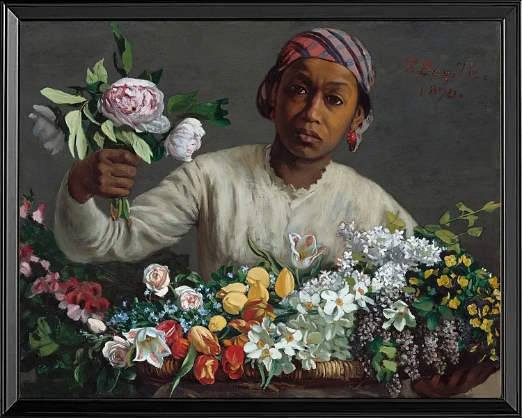 Frédéric Bazille - Junge Frau mit Pfingstrosen 1870 | Giclée Kunstdruck gerahmt