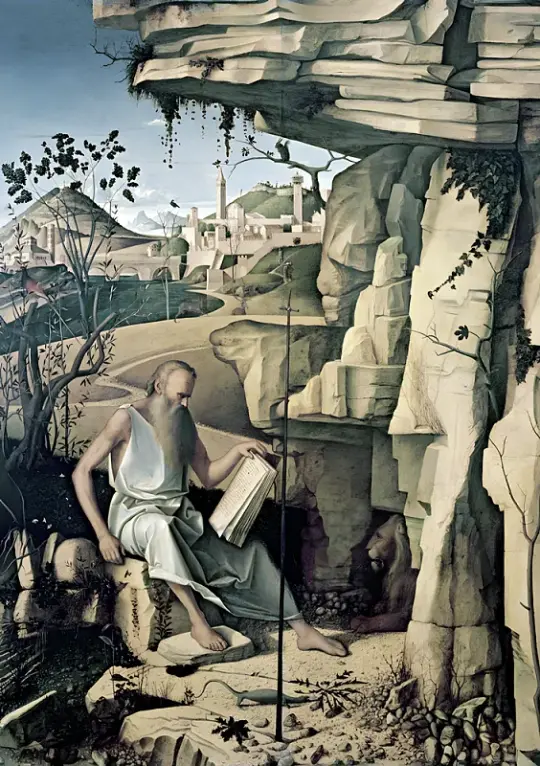 Giovanni Bellini | Der heilige Hieronymus in der Wüste - 1480 | Giclée Kunstdruck gerahmt