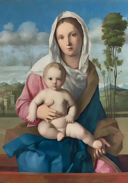 Giovanni Bellini | Madonna mit Kind in einer Landschaft - 1490 | Giclée Kunstdruck gerahmt