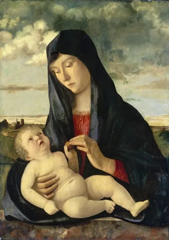 Giovanni Bellini | Madonna og barn i et landskab - 1480 | Indrammet kunsttryk | Renæssance | formida