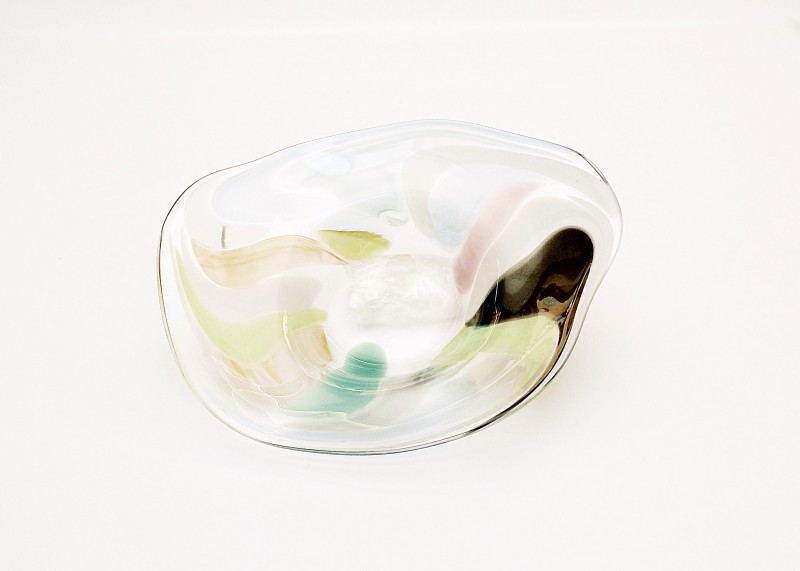 Glass bowl Art Nouveau, clear with colored inlays