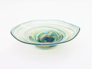 Glasschale Meeresboden flach, rund mit farbigen Streifen