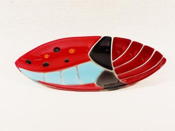 Glasschale oval rot, blau, schwarz mit runden farbigen Punkten