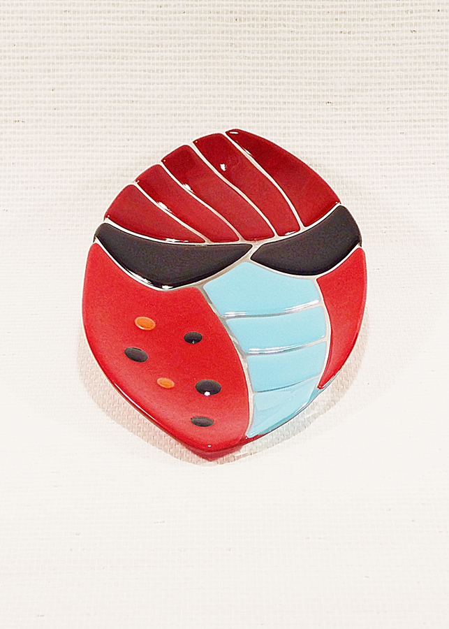 Glasskål oval rød, blå, sort med runde farvede prikker