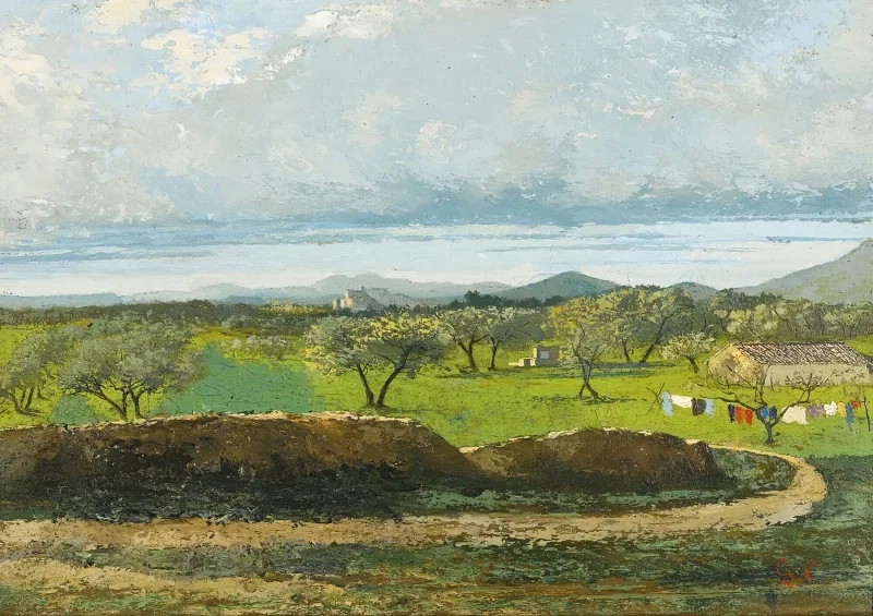 Gustave Courbet | Landskab med mur og frugthave – 1870 | Indrammet kunsttryk | Realisme