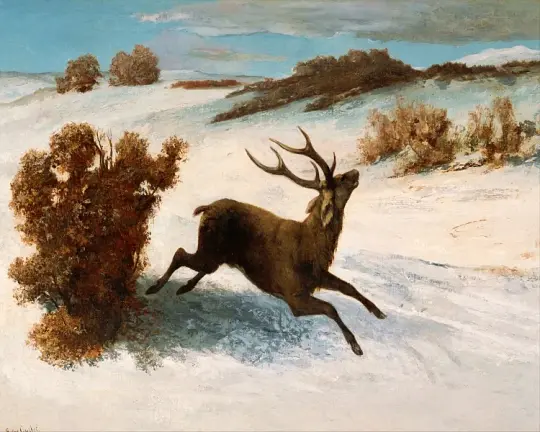 Hirsch läuft im Schnee – 1856