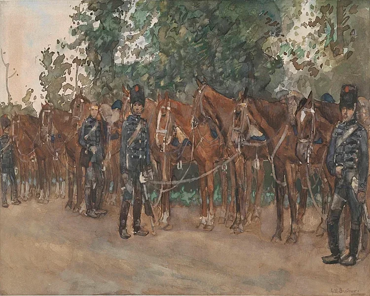 Husaren stehen neben ihren Pferden am Straßenrand - 1867