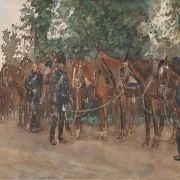 Husaren stehen neben ihren Pferden am Straßenrand - 1867