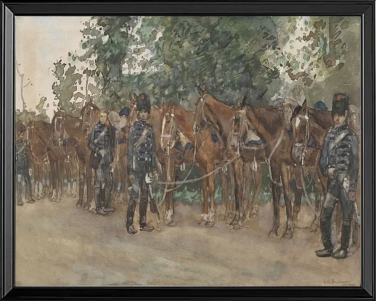 Husaren stehen neben ihren Pferden am Straßenrand - 1867