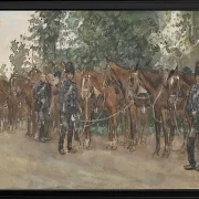 Husaren stehen neben ihren Pferden am Straßenrand - 1867