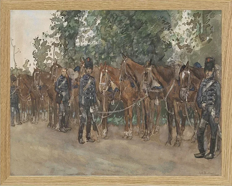 Husaren stehen neben ihren Pferden am Straßenrand - 1867