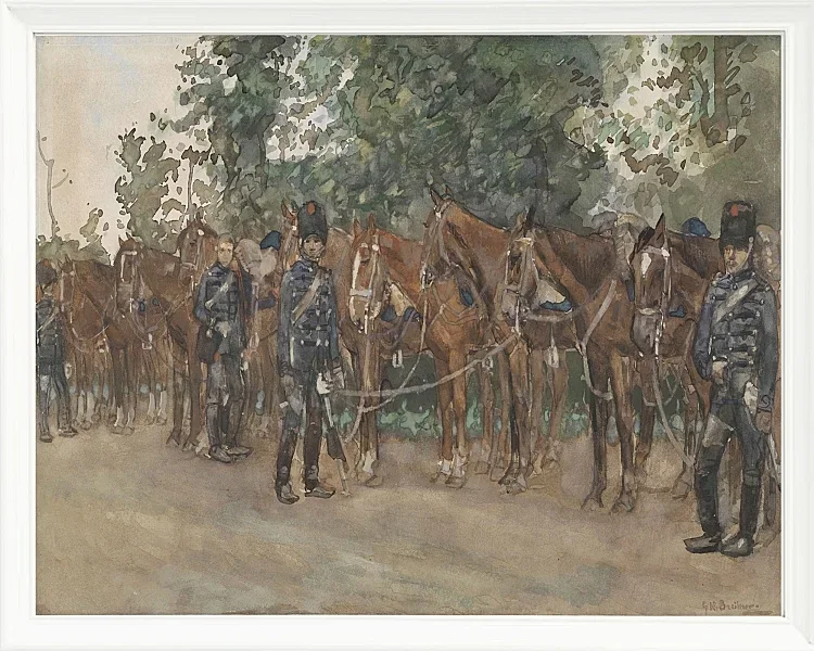 Husaren stehen neben ihren Pferden am Straßenrand - 1867