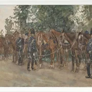 Husaren stehen neben ihren Pferden am Straßenrand - 1867