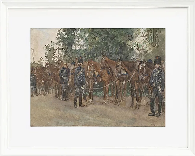 Husaren stehen neben ihren Pferden am Straßenrand - 1867