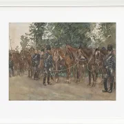 Husaren stehen neben ihren Pferden am Straßenrand - 1867