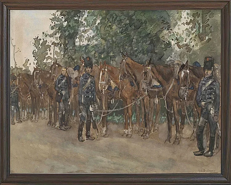 Husaren stehen neben ihren Pferden am Straßenrand - 1867