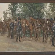 Husaren stehen neben ihren Pferden am Straßenrand - 1867