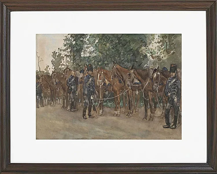 Husaren stehen neben ihren Pferden am Straßenrand - 1867