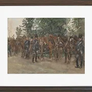 Husaren stehen neben ihren Pferden am Straßenrand - 1867