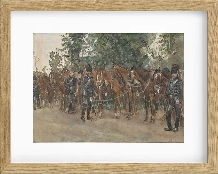 Husaren stehen neben ihren Pferden am Straßenrand - 1867