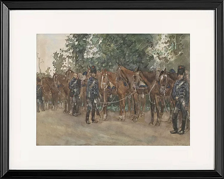 Husaren stehen neben ihren Pferden am Straßenrand - 1867