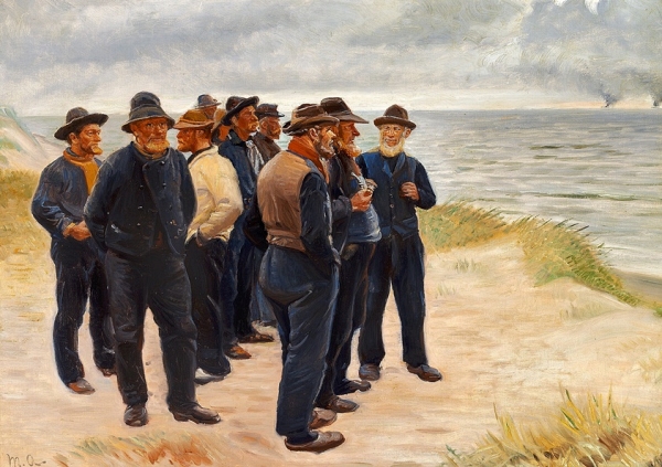 Skagen Fischer am Strand mit Blick aufs Meer – 1925