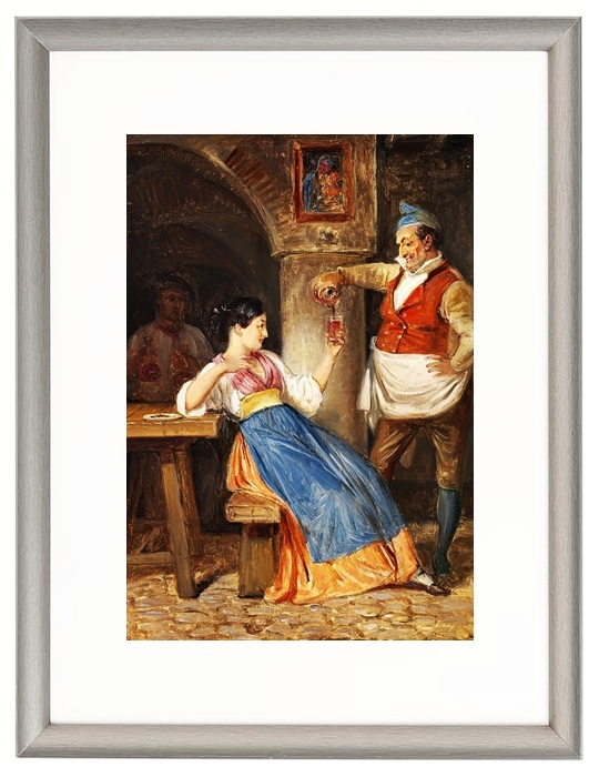 Innkeeper pours red wine for a young Italian woman - 1832