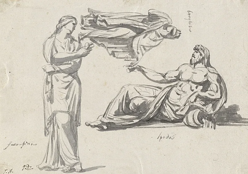 Jacques-Louis David | En flodgud og to klassiske skulpturer - 1780 | Indrammet kunsttryk | Klassicisme | formida