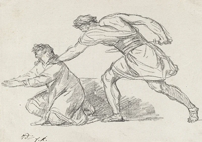 Jacques-Louis David | Kriger griber fat i en knælende figur - 1775 | Indrammet kunsttryk | Klassicisme | formida