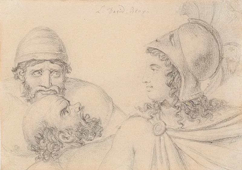 Jacques-Louis David | Hjelmklædt kriger med to skæggede mænd - 1817 | Indrammet kunsttryk | Klassicisme | formida