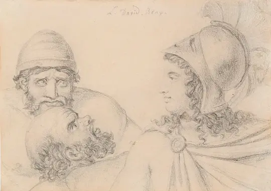 Jacques-Louis David | Hjelmklædt kriger med to skæggede mænd - 1817 | Indrammet kunsttryk | Klassicisme | formida