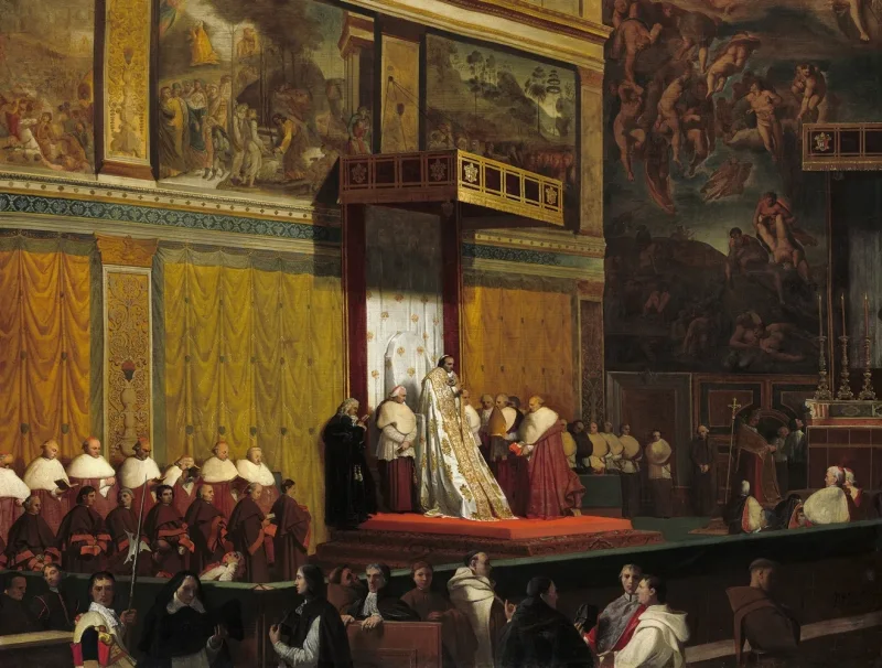 Jean-Auguste Dominique Ingres – Papst Pius VII in der Sixtinischen Kapelle  1814 | Giclée Kunstdruck gerahmt