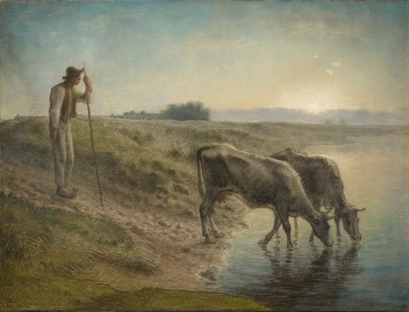 Jean-François Millet – Bauer tränkt seine Kühe am Ufer des Allier River 1868 | Giclée Kunstdruck gerahmt