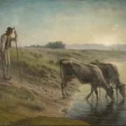 Jean-François Millet – Bauer tränkt seine Kühe am Ufer des Allier River 1868 | Giclée Kunstdruck gerahmt