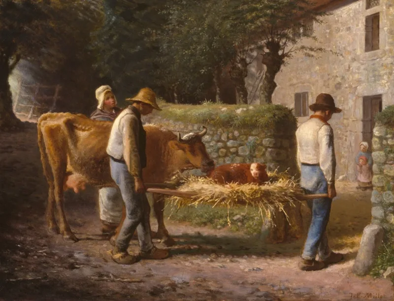 Jean-François Millet – Bauern bringen ein auf dem Feld geborenes Kalb nach Hause 1864 | Giclée Kunstdruck gerahmt