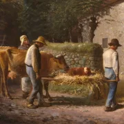 Jean-François Millet – Bauern bringen ein auf dem Feld geborenes Kalb nach Hause 1864 | Giclée Kunstdruck gerahmt