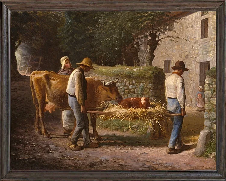 Jean-François Millet – Bauern bringen ein auf dem Feld geborenes Kalb nach Hause 1864 | Giclée Kunstdruck gerahmt
