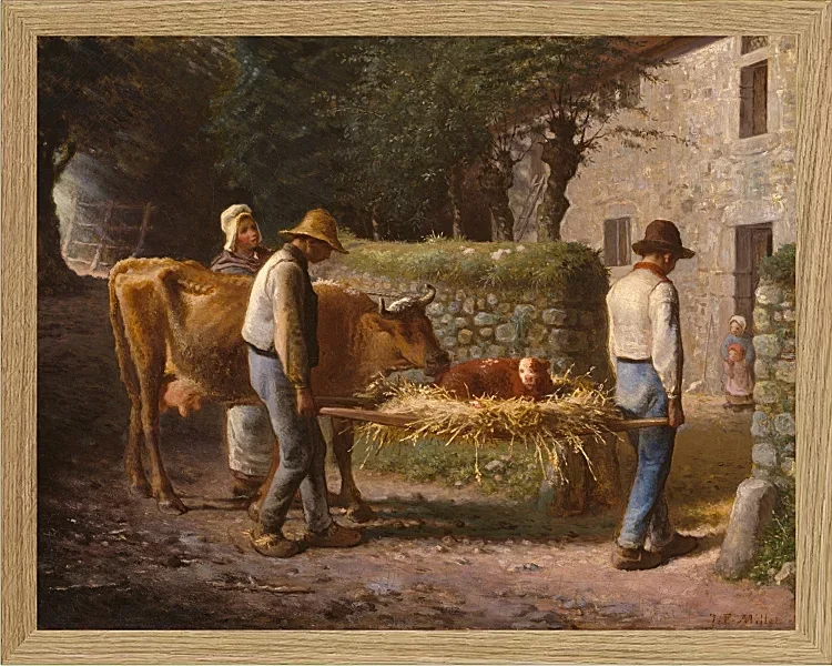 Jean-François Millet – Bauern bringen ein auf dem Feld geborenes Kalb nach Hause 1864 | Giclée Kunstdruck gerahmt