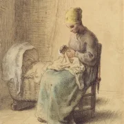 Jean-François Millet | Bondekvinde våger over sit barn - 1858 | Indrammet kunsttryk | Realisme