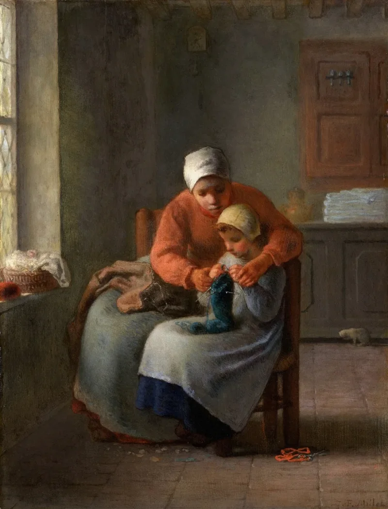 Jean-François Millet – Die Strickstunde 1860 | Giclée Kunstdruck gerahmt