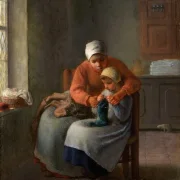 Jean-François Millet – Die Strickstunde 1860 | Giclée Kunstdruck gerahmt