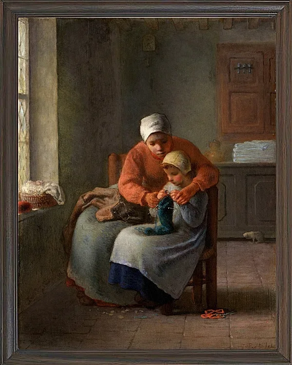 Jean-François Millet – Die Strickstunde 1860 | Giclée Kunstdruck gerahmt
