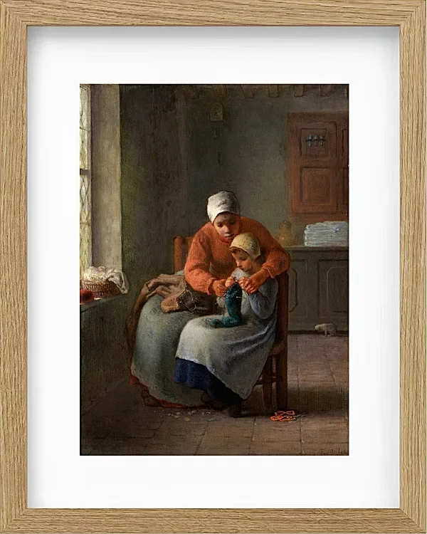 Jean-François Millet – Die Strickstunde 1860 | Giclée Kunstdruck gerahmt