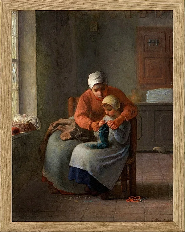 Jean-François Millet – Die Strickstunde 1860 | Giclée Kunstdruck gerahmt