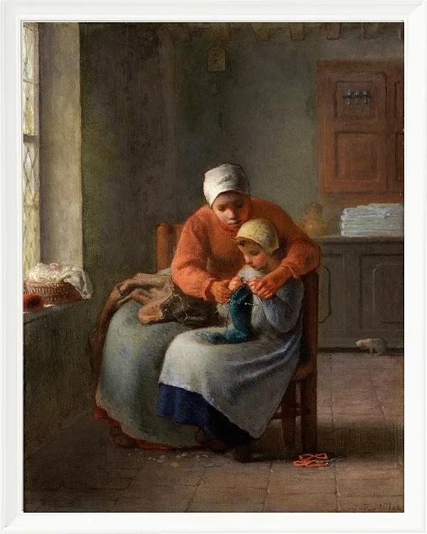 Jean-François Millet – Die Strickstunde 1860 | Giclée Kunstdruck gerahmt