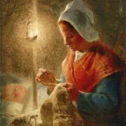 Jean-François Millet | Kvinde, der syr i lampelys – 1870 | Indrammet kunsttryk | Realisme