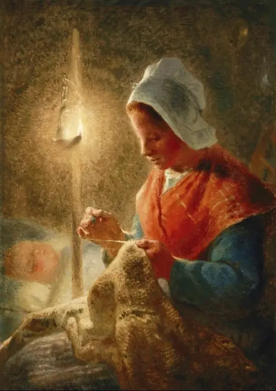 Jean-François Millet | Kvinde, der syr i lampelys – 1870 | Indrammet kunsttryk | Realisme