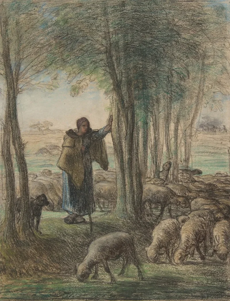 Jean-François Millet – Eine Hirtin und ihre Herde im Schatten der Bäume 1854 | Giclée Kunstdruck gerahmt