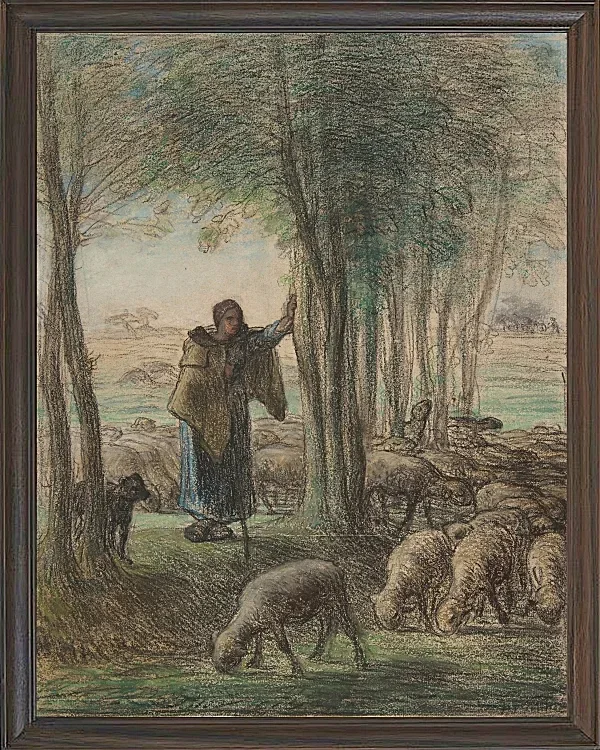 Jean-François Millet – Eine Hirtin und ihre Herde im Schatten der Bäume 1854 | Giclée Kunstdruck gerahmt
