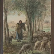 Jean-François Millet – Eine Hirtin und ihre Herde im Schatten der Bäume 1854 | Giclée Kunstdruck gerahmt